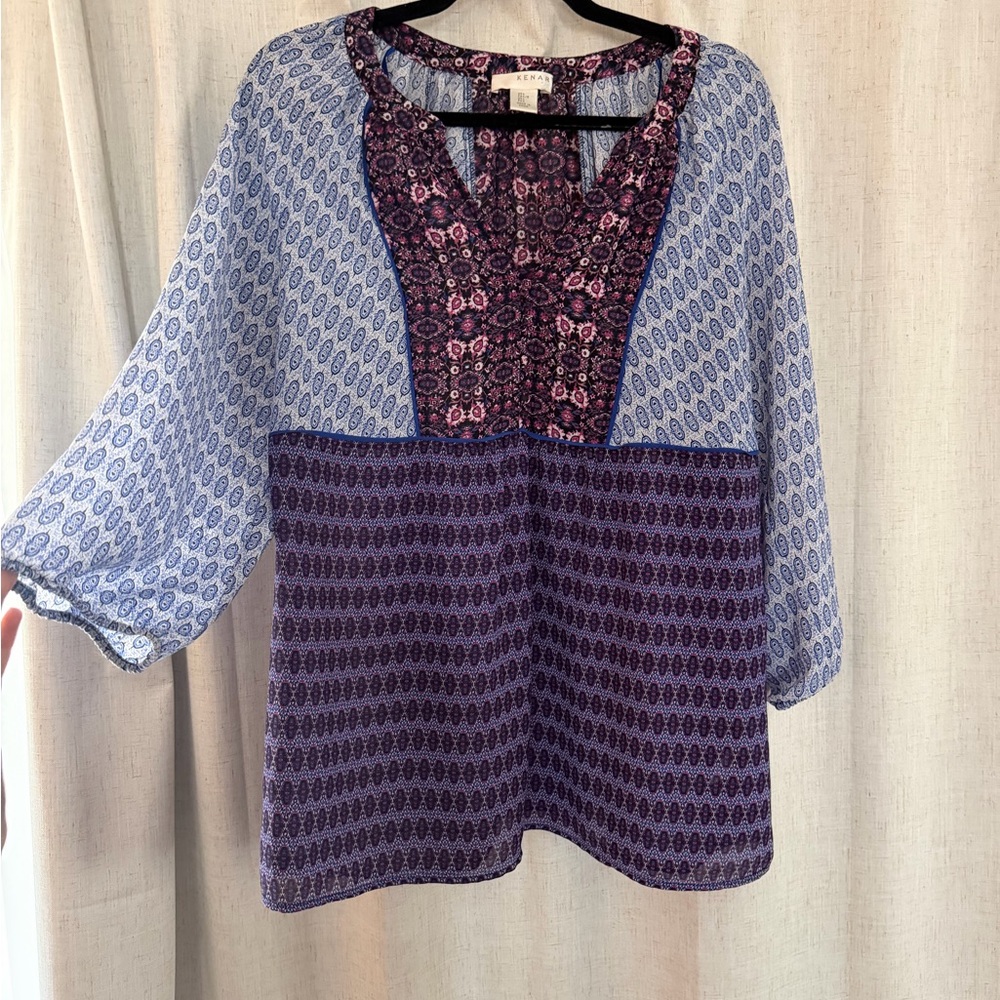 KENAR Blue & Purple Mixed-Print Patchwork Peasant Boho Blouse